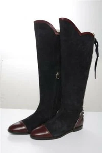 O JOUR Navy Burgundy Suede Velvet Scalloped Corset Back Tall Riding Boots NEW 38 - Picture 1 of 6