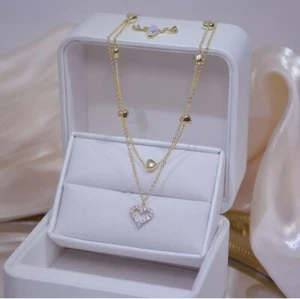 Fashion Heart Charm 2 Layer Necklace- Shocker- CZ Chain Fashion Jewelry - Picture 1 of 2