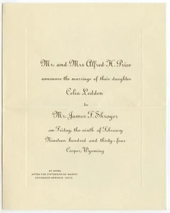 Anuncio de boda de Casper Wyoming 1934 - Celia Ledden Price - James F Shroyer - Imagen 1 de 1
