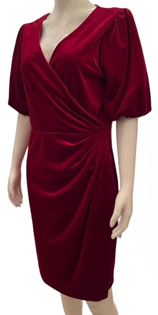 DKNY Women's Velvet Burnout V-Neck Short Flutter Sleeve Faux Wrap High Low Midi Dress