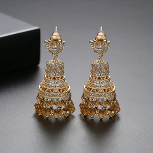Indian Jhumka Jhumki Zircon Dangle Drop Bollywood Earring Bridal Wedding Jewelry - Picture 1 of 9