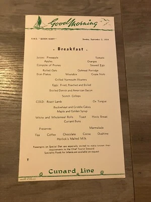 De colección 1954 Cunard Line Ocean Liner RMS Queen Mary Menú Foto 1 de 3