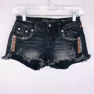 Miss Me Jean Shorts Womens Colorful Black Tribal Print Sides Fringe Whiskered 24 - Picture 1 of 12