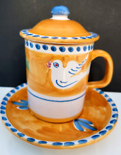 Solimene Vietri Campagna Uccello Orange,Blue & White Lidded Mug Set w/saucer EUC