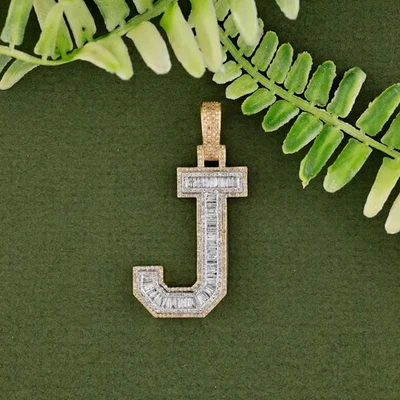 14K Two-Tone Gold Plated 2 Ct Baguette Cut Lab Created Diamond Initial J Pendant - Image 1 of 4