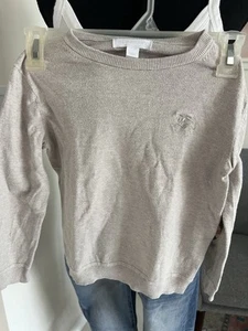 Burberry Kids Pull Over Cotton Sweater Sz 6Y Cream/tan Front Logo Plaid Elbow - Picture 1 of 10