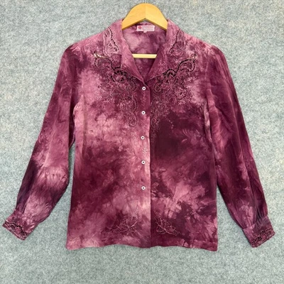 Blusa Camisa Vintage Peonía 100% Seda Botón Mujer Pequeña 34 Bordada a Mano Años 50 Foto 1 de 4