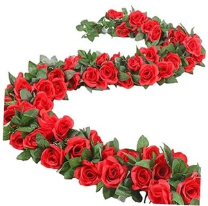 16 FT Fake Rose Vine Garland Artificial Flowers Plants Hanging Rose Red/2pcs - Picture 1 of 8