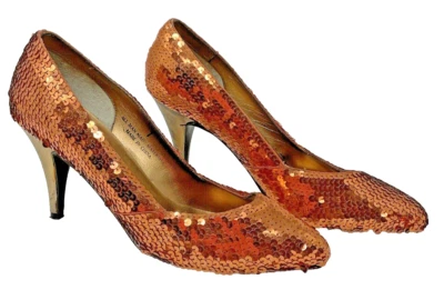 De colección Años 80 NUEVO Zapatos de tacón de lentejuelas Zapatos Bronce Cobre Talla 7 Seducción Nuevo de Lote Antiguo Foto 1 de 4