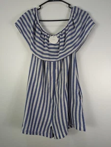 En Creme Romper Womens L Blue/white Striped Off Shoulder Shorts Pockets 1003 - Picture 1 of 7