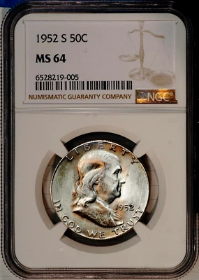 1952-S Franklin Half Dollar Silver, Uncirculated, NGC, MS64, 219-005 - Image 1 of 4