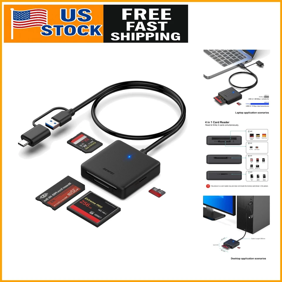 Lector de Tarjetas de Memoria, BENFEI 4 en 1 USB 3.0 y USB-C a SD Micro MS CF Negro Foto 1 de 4