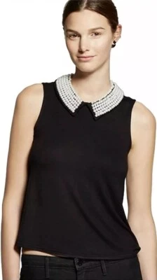 Womens Pearl Collar Size Small Black Sleeveless Tank Top Necessary Objects *3C - Image 1 of 3