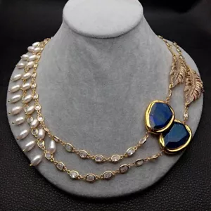 Collar de cadena de lapislázuli de perlas de arroz blanco de agua dulce conector de pavé de circonita cúbica 22" - Imagen 1 de 7