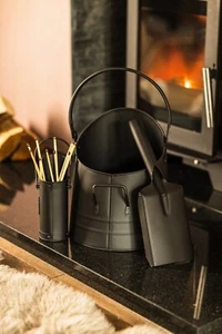 Fireside Coal Bucket Shovel Matchstick Holder Black Accessory Set Kindling Log - Picture 1 of 24