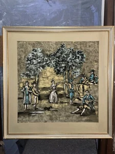 Vtg Framed Jeanne Lanvin Paris Scarf  100% Silk 34 inches square Blue Brown - Picture 1 of 6