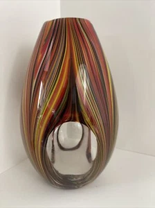 "Florero de vidrio Missoni para Target estilo Murano 8"" rojo estriado y óvalos transparentes 2011" - Imagen 1 de 8