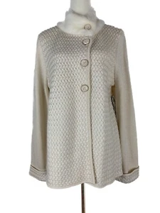 Jones New York Cardigan Wool Blend Faux Fur Ivory Gold Metallic Womens XL New - Picture 1 of 17