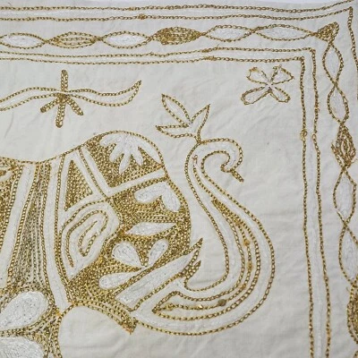 Cushion Cover India Elephant Front Ivory Gold Metallic Embroidered Cotton 14 Sq - Image 1 of 4