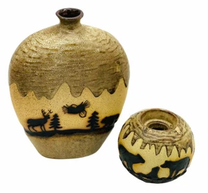 Western Stoneware Vase And Candle Holder Brown And Tan With Embossed Details - Picture 1 of 7