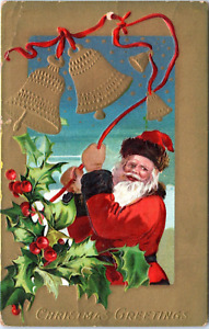 Original 1909 Christmas Postcard- Santa Rings Golden Bells- Brown Fur Lined Coat