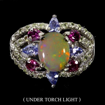 925 Sterling Silver Ring Oval Fire Opal 10x8mm Rhodolite Tanzanite Gemstone Sz 9 - Image 1 of 4