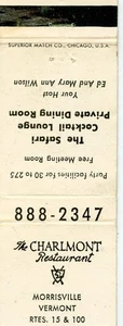 Charlmont Restaurant, Morrisville, Vermont Matchbook - Picture 1 of 1