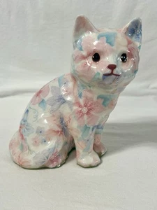 "Estatuilla de gato vintage floral decoupage porcelana - 6,25"" de alto - rara y hermosa" - Imagen 1 de 8