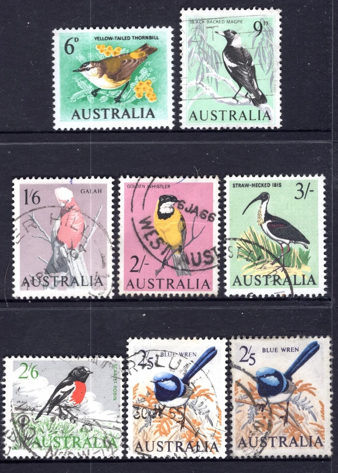 1964 Pre Decimal Birds Australia Galah Magpie Wren Robin Thornbill Ibis Set (7) - Image 1 of 1