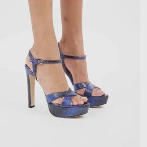 Miu Miu 36.5 / 6.5 Platform Heels Pumps Blue Leather Snake Open Toe Ankle Strap - Picture 1 of 11