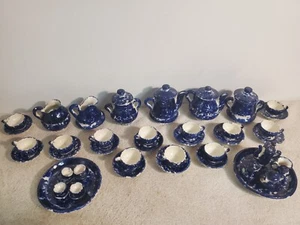 3 Set Childs Spongeware Stoneware Tea Set Cobalt Blue - Picture 1 of 7