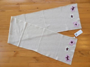 NWT Cashmere Blend Winter Tan Scarf Embroidered Pink White Rose Flowers 60" Long - Picture 1 of 11