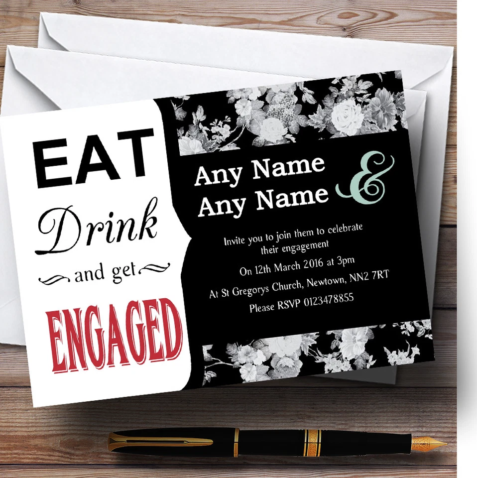 Black Rose Eat Drink Personalised Engagement Party Invitations - Image 1 of 1