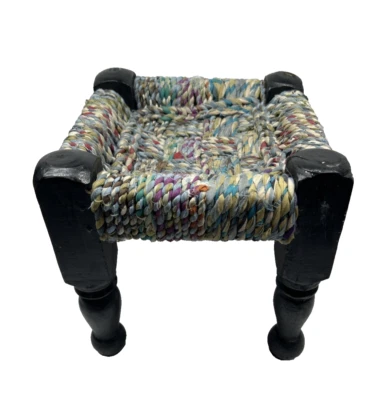 Small Boho Twisted Cord Wood  9" Foot Stool Stand Handmade vintage - Image 1 of 4