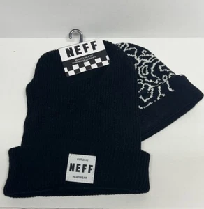 MENS NEFF Black White Smiley Face BEANIE 2-PACK SET HAT ONE SIZE NEW Winter Cap - Picture 1 of 6