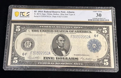 Fr.867A 1914 $5 Five Dollar Federal Reserve Note PCGS VF 30 - Image 1 of 4