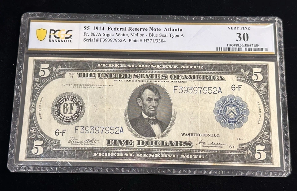 Fr.867A 1914 $5 Five Dollar Federal Reserve Note PCGS VF 30 - Image 1 of 4