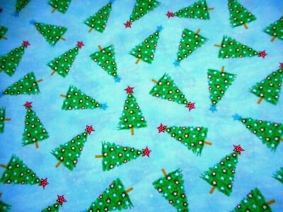 Christmas Fabric By Yard Decorated Xmas Trees Stars Blue Quilting Cotton #53 #C - Image 1 of 2