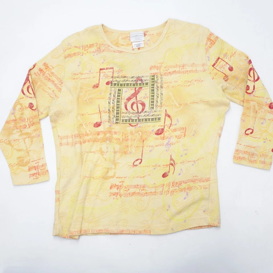 Top para mujer My Morning Sun mediano amarillo estampado musical algodón manga larga pulóver Foto 1 de 4