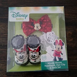 Disney Minnie Mouse Bootie Socks Headband Hair Clip 0-12 month Baby Shower UB - Picture 1 of 7