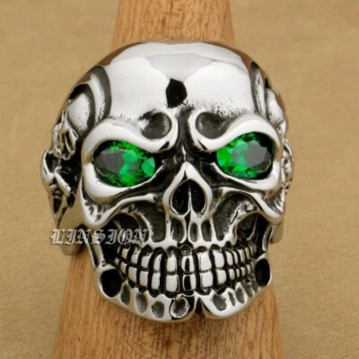 Зеленый CZ глаза 316L из нержавеющей стали Titan череп мужской мальчиков мотоциклиста рок кольцо 3A301D - Изображение 1 из 4