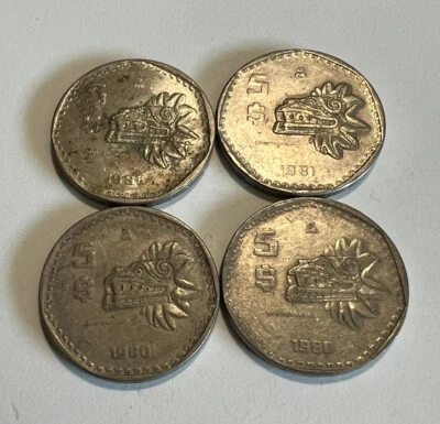 Lote de 4 monedas de $5 pesos 1980-1981 circuladas/serpiente emplumada azteca Foto 1 de 4