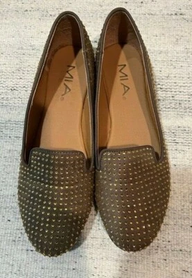 Mia Marrón Claro Gamuza Con Tachuelas Cristal Dorado, Zapatos Mocasines Mujer, Talla 8 Foto 1 de 4