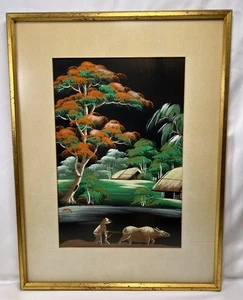 Vintage Original OOAK vietnamesische asiatische Seidenmalerei Landwirtschaft Ochsen Dorf 11x14,5" - Bild 1 von 21