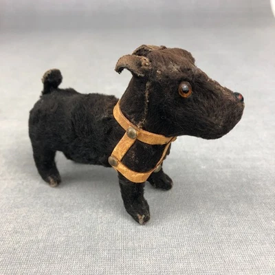VTG SCOTTIE DOG TOY Fur cloth over metal Leather harness No key Scottish Terrier - Image 1 of 4