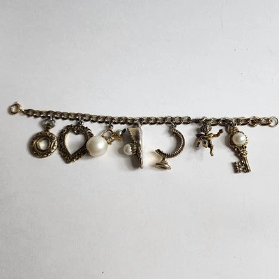 Винтажный золотистый жемчуг 7 подвеска браслет Genie бутылка тапочки ключ сердце любовь  - Изображение 1 из 4