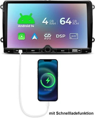 Autoradio CarPlay für VW Passat Golf SEAT Navi DAB+ Schnellladefunktion BT 4+64G - Bild 1 von 4