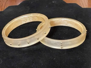 Vintage Lucite  Bracelet  Set Frosted Champagne Color  With Gold Stud Accents - Picture 1 of 3