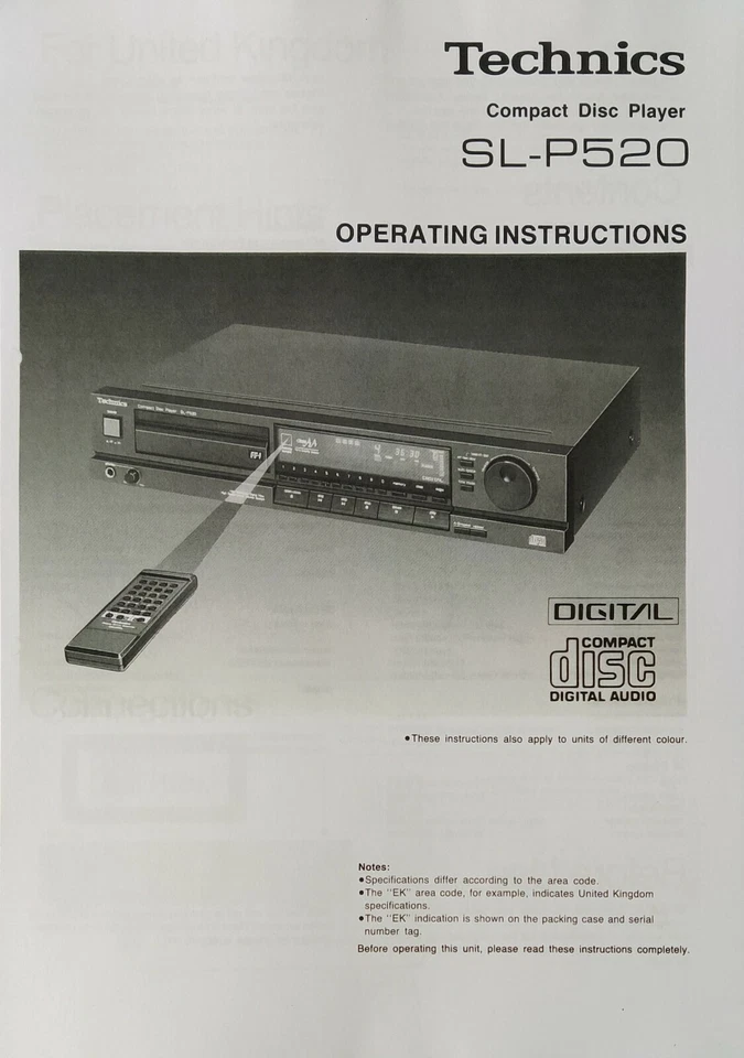 Technics SL-P520 Compact Disc CD Player - Operating Instructions - USER MANUAL - Image 1 of 1