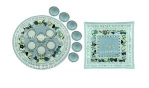 Plato Seder de Pascua de vidrio pintado único + plato para servir matzá a juego azul - Imagen 1 de 3